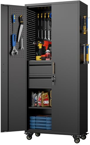 Aobabo Metall-Aufbewahrungsschrank mit 5 Stecktafeln und 2 Schubladen, 180 x 76 x 38 cm, abschließbarer Stahl-Werkzeugschrank für Garage, Lager, Montage erforderlich (NW-2 Schublade, Schwarz)