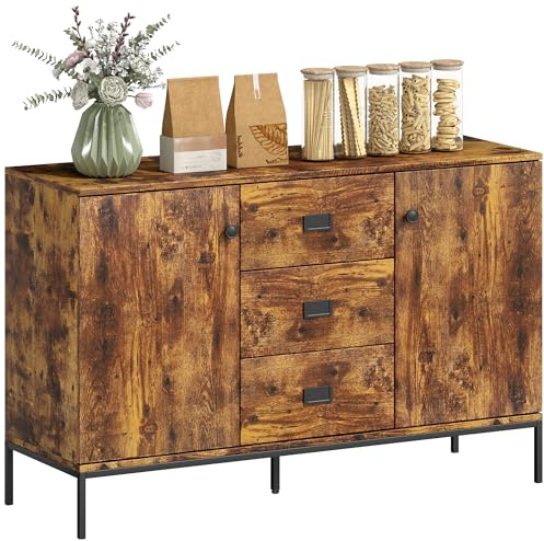 HOMCOM Sideboard with 3 Drawers, Kitchen Cabinet, Modern Storage Cupboard with 2 Doors and Adjustable Shelves for Dining Room, Living Room, 120 x 39.5 x 77cm, Rustic Brown