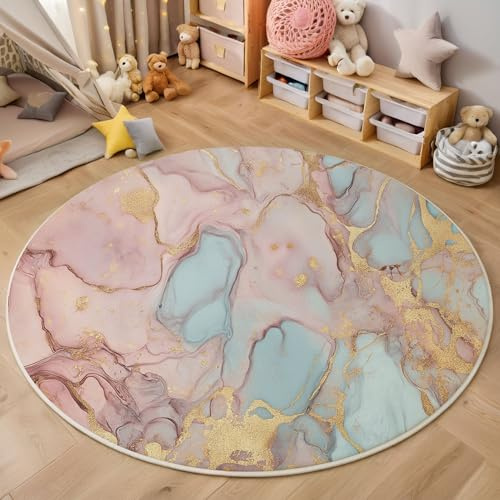 ZISTRCBAO Rosa-Blauer Marmor rutschfest Runder Teppich 100cm, Moderner Luxus Runder Teppich Wohnzimmer, Rosa Dekoration Teppiche Weich Waschbar Für Zuhause Bodenmatte Schlafzimmer