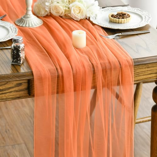 Artoid Mode Tischband Gaze Helle Orange Tüll Tischläufer 150x300 cm, Herbst Hochzeit Tisch Dekoration Urlaub Party Geburtstag Dekor