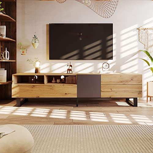 kozamas TV-Schrank Lowboard mit 180 cm - tv Schrank Holz Eiche & Anthrazit, mit 2 Schubladen & Griff-los Türen fernsehtisch fernsehschrank tv Cabinet for Living Room