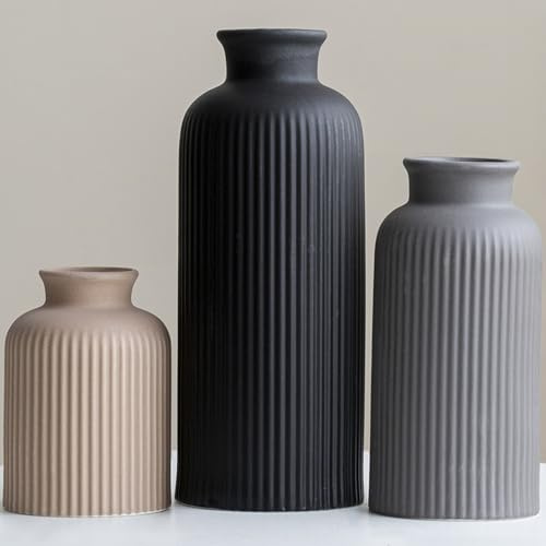 Large Keramik Vasen 3er-Set, Schwarz, Kleine Blumenvasen für Pampas Gras und Getrocknete Blumen, Moderne Rustikale Bauernhaus Deko für Regal, Tisch, Bücherregal