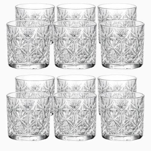 SK COOKWARE Whiskey Glasses Set of 12 300ml - Premium Crystal Cut Tumbler Old Fashioned Rocks Glasses - Whisky Gift Sets for Men Women - Vintage Home Kitchen Bar Drinkware for Whiskey Rum Cocktail