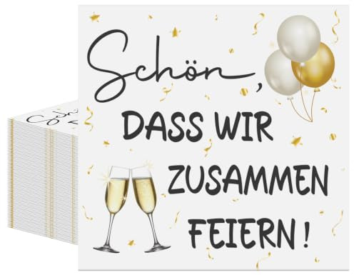 40 Stück Servietten Weiß Gold, 33 x 33 cm Schön Dass Wir Zusammen Feiern Papierservietten, Cocktailservietten mit Ballon & Sektglas Design für Hochzeit Geburtstag Taufe Kommunion Party Tischdeko