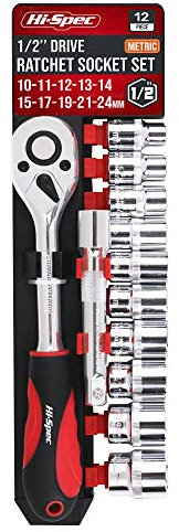 Hi-Spec 12pc Metric Socket Set with Ratchet Wrench & Extension Bar - 1/2 Drive, 10-24mm for Home DIY and Car Garage Mechanic - Rust Resistant Chrome Electroplating