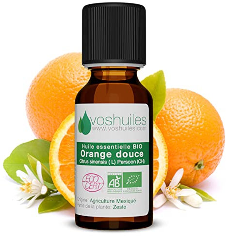 Voshuiles - Huile Essentielle Orange Douce Bio 60ml - Parfum Fruité et Frais - Nombreuses Vertus et Applications - Huiles Essentielles de Qualité - 100% Pure et Naturelle - HEBBD et Certifiée ECOCERT
