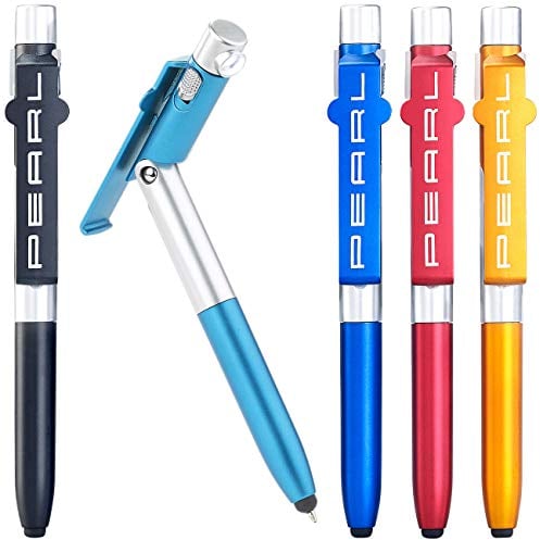 PEARL Stift: 4in1-Kugelschreiber mit LED-Lampe, Touchpen und Handy-Ständer, 5er-Set (Stift mit Licht, Kugelschreiber mit LED Licht, Tablet Halterung)