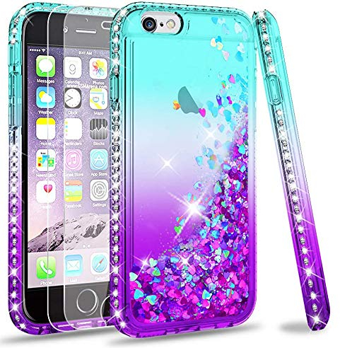 LeYi Coque pour iPhone 6 / iPhone 6S Verre Trempé [Lot de 2], Fille Personnalisé Liquide Paillette Transparente 3D Silicone Gel Antichoc Kawaii Étui pour Apple iPhone 6 / iPhone 6S Turquoise Violet