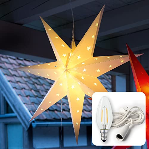 hellum Weihnachtsstern Außen und Innen, Stern Papierstern zum aufhängen mit E14 Lampenfassung, weiß Stern Weihnachtsdeko Fenster mit 3m Netzkabel mit Schalter, Weihnachtsbeleuchtung außen, 577785