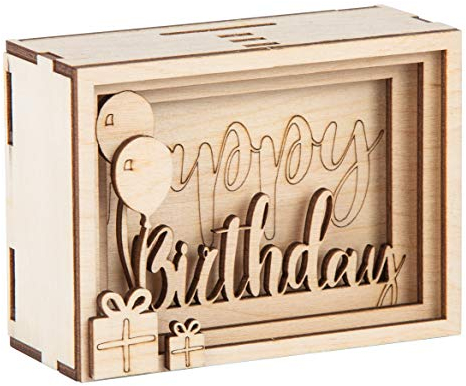 Rayher DIY Geldgeschenk Verpackung Birthday für Geburtstag, 3D Geschenkbox aus Holz zum Gestalten, 13-teilig, 11,5x8,5x5cm, Box 1Set, FSC Mix Credit, 62922505, Natur
