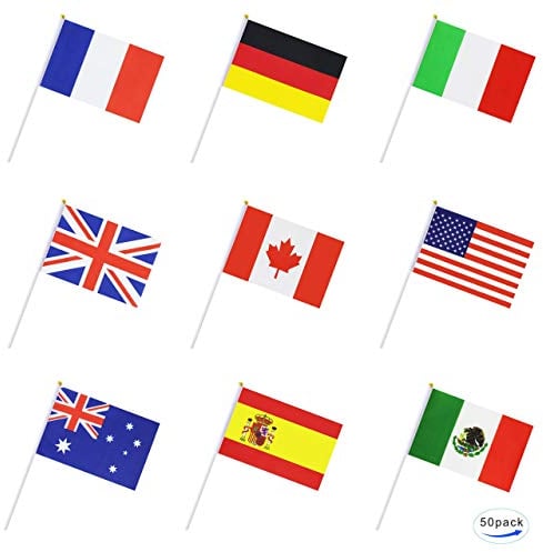 50 Global Hand Flags - 20x14cm Single-Sided Euro 2025 & Commonwealth Games Lightweight Plastic Poles Family Event Pack Next Day UK