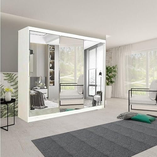 A.C. Milan German Modern Double Mirror sliding door wardrobe with LED Light Width 100cm/120cm/150cm/180cm/203cm/250cm (White, 250 CM)