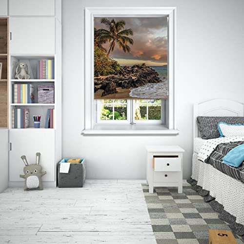 Lister Cartwright Photographic Blackout Roller Blinds For Bedroom Windows - (60 x 140 cm) Easy to Fit Roller Blinds For Windows With Child Safety Included - Beach Palm Tree