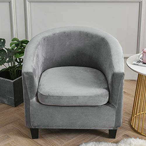 Highdi Sesselschoner 2 Teilige Samt Plüsch Sesselbezug, Stretch Tub Chair Sesselhussen mit Armlehne, Club Sesselüberwurf für Clubsessel Loungesessel Cocktailsessel (Grau)