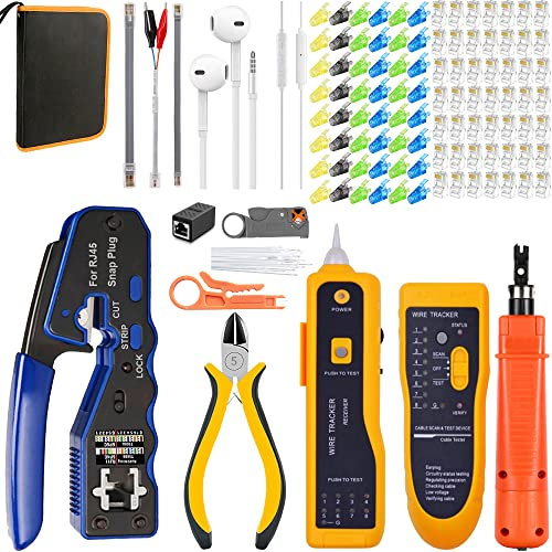 MAYLINEE RJ45/CAT5/CAT6 Herramienta de cable de Crimpador de red, profesional de Mantenimiento Pasante RJ45, LAN Probador de cables de red 50 Conectores, pelacables alicates de(Negro)