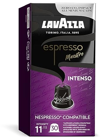 Lavazza, Espresso Maestro Intenso, 30 Aluminium Capsules Compatible with Nespresso Original Machines, Wood, Spice, & Cocoa Notes, Arabica & Robusta, Intensity 11/13, Medium Roasting, Zero CO2 Impact