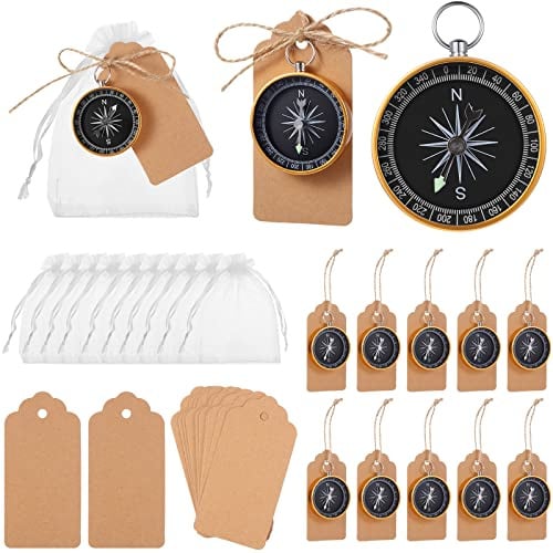 TaoBary 60 Pcs Compasses Gifts Wedding Party Favors Set, 2026 Mini Compass Souvenir Nautical with Kraft Tags and Organza Bag for Guests Birthday Nautical Travel Party Souvenir Gift(Gold)