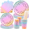 FORYNXHWIN 80Pcs Rainbow Party Tableware, Silver Dot Party Tableware, Kids Birthday Decoration Party Supplies Set Includes Paper Plates, Paper Cups, Straws, Napkins - 20 Guests