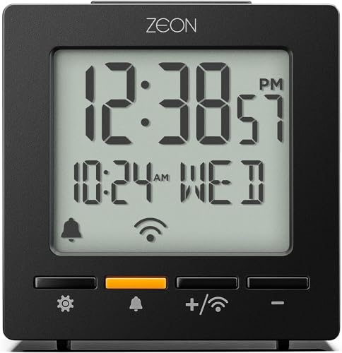 ZEON Digitaler Funkwecker für mitteleuropäische Zeitzone (DCF/GMT+1) mit positiver LCD-Anzeige, Schlummerfunktion und Temperatur-, Tages- & Datumsanzeige in der Farbe schwarz, CE4555-DCF