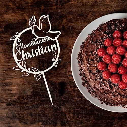 Personalisierte Cake Topper aus Holz Tortenstecker mit Namen Geburtstag Hochzeit Taufe Kommunion Torten Kuchen Deko (Kommunion mit Wunschname)