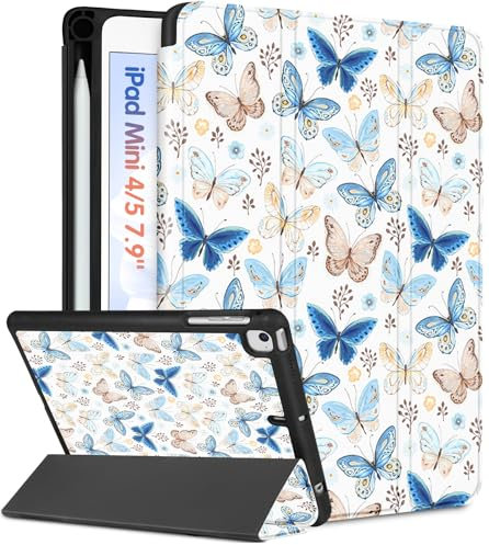 Wazzasoft for iPad Mini 4/5 Case, for iPad Mini 5th/4th Generation Cases Women Cute Girls Folio Cover Butterfly Girly Kawaii Teens Aesthetic with Pencil Holder for Apple iPad 5/4 Mini Case 7.9 Inch