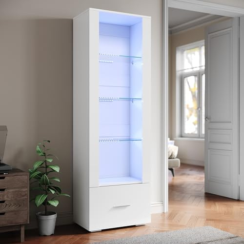 SIRHONA Vitrine avec éclairage LED, Vitrine en Verre avec Tiroirs, Façade Brillant Meuble Salon Rangement, L550 x D350 x H1720mm