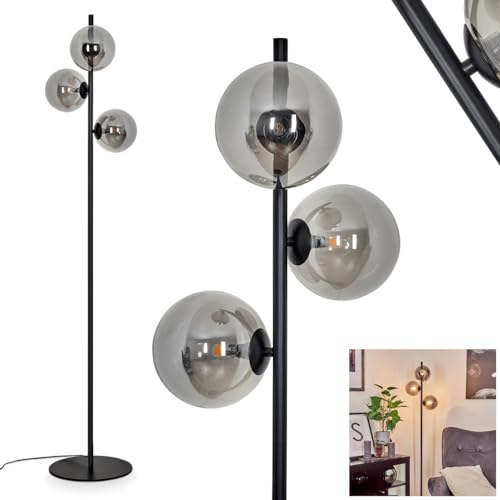 Stehleuchte Remaisnil, moderne Stehlampe aus Metall/Glas in Schwarz/Rauchglas, Standleuchte mit Schirmen aus Glas (Ø 15 cm), mit Fußschalter am Kabel, 3 x G9, ohne Leuchtmittel