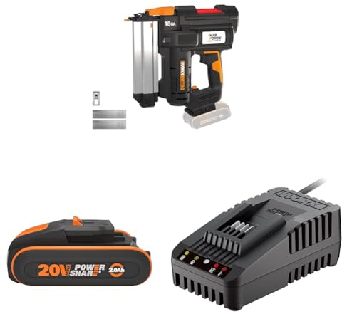 WORX WX842 NITRO 20V 18GA Akku-Brad-Nagler - 80 Nägeln/min Schießen - kabelloser Nagler mit Air-Impact-Technologie - Nagelpistole mit werkzeugfreier Verklemmungsauflösung - inkl. 2Ah Akku & Ladegerät