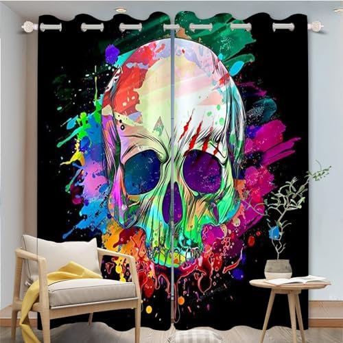 FABTOP Totenkopf Verdunkelungsvorhänge 3D Totenkopf Muster Ösen Vorhang 2Er Set Schädel Rosen Gothic Vorhänge Blickdicht Totenkopf Blumen Gardinen Für Schlafzimmer (5,220×215BxH (110×215cm×2))