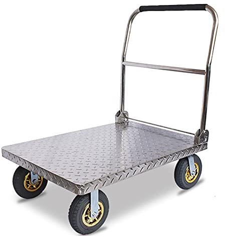 Plattformwagen, Push-Dolly, Plattformwagen, Edelstahl-Deck, große Tragfähigkeit und klappbarer Griff mit Schwamm, ideal für schwere Transportwagen, Dolly