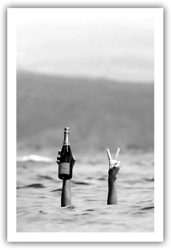 Acqooeakt Retro-Poster, Motiv: Frau mit Champagner am Strand, schwarz-weiß, feministischer Druck, Barwagen, Dekoration, Mädchenzimmer, Wanddekoration, ästhetische Leinwand, 30,5 x 40,6 cm, ungerahmt