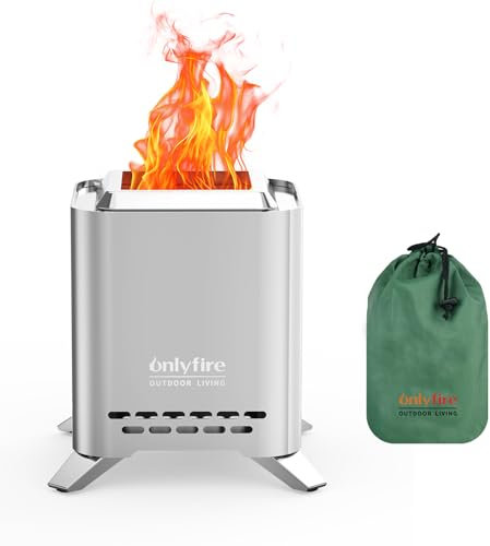 ONLYFIRE OUTDOOR LIVING 2-in-1 rauchfreie Feuerstelle mit Topfhalterung und Tragetasche, tragbarer Campingkocher, Holzofen, Mini-Tischkamin für Terrasse, Hinterhof, Wohnmobil, Heckklappe, Silber, 19,8