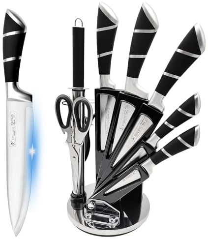 Kitchen Knife Set, 9 Piece Professional Kitchen Set with 360 Degree Rotating Acrylic Stand, Stainless Steel Sharp Chef Knives Set with Ergonomic Handle, Knife Set with Block