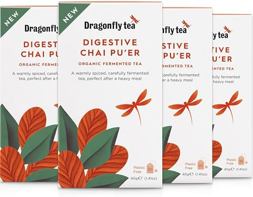 Dragonfly Tea Digestive Chai Pu'er Teabags (4x20 Tea Bags), Organic Fermented Chai Tea Bags for Gut Health Support 80 x Individually Wrapped Teabags