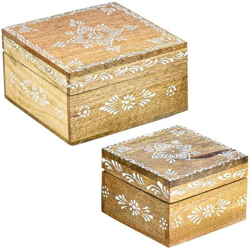 Marrakesch 2er Set Aufbewahrungsbox mit Deckel aus Holz 15 & 10cm groß | Boho Deko Schmuckkästchen Hajdar -2- zur Schmuckaufbewahrung | Massive Holzbox Ideal als Geschenkbox Geschenke für Frauen