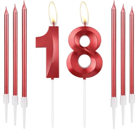 mciskin Red 18 Birthday Candles-3D Design Number 18 Candle for Cake with 6pcs Long/Thin Candles Set, Red Cake Topper for Girl 18th Birthday Decorations Supplies,18th Wedding Anniversary Decorations
