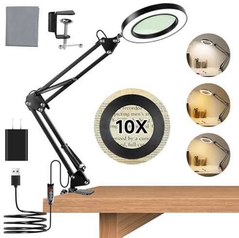 10X Lupe mit Licht und Ständer, Lupenleuchte mit 3-Farbmodi und 10 Dimmbare LED Lupenlampe, 10-Fache Tischlupe Standlupe mit Klemme, Leselupe Vergrößerungsglas für Handwerk Lesen Nähen Hobby Schmuck