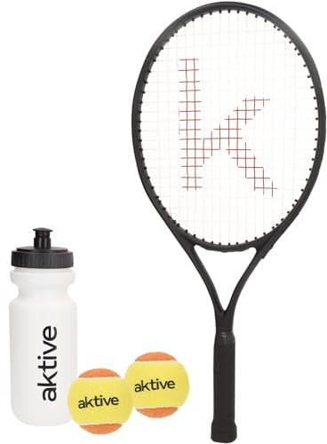 AKTIVE Tennisschläger-Set für Erwachsene, Anfänger, Bälle und Flasche, 27,5 x 63 cm, 230 Gramm, sehr leicht und robust, aus Aluminium, inkl. Schläger mit Schultergriff, Sport, für Anfänger (54198)