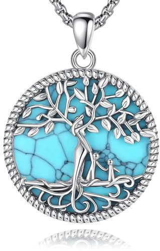 AEONSLOVE Collier Arbre de Vie Femme avec Turquoise Pendentif Arbre de Vie Argent Sterling 925 pour Maman Fille Bijoux Arbre de Vie Cadeau Fête des Mères (2 enfants)