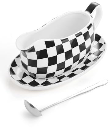 LoeJan Sauciere mit Löffel, Keramik-Soßen-Servierschale, einfaches Ausgießen, großes tropffreies Serviergeschirr-Set für Salat, Sahne, Milch, Brühe, schwarzer Kürbis, Thanksgiving (482 ml, quadratisch