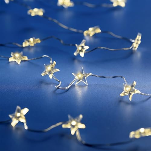 Spetebo LED Draht Sternen Lichterkette warm weiß - 495 cm / 100 LED - Deko Beleuchtung mit Timer - Advent Weihnachts Beleuchtung Batterie betrieben