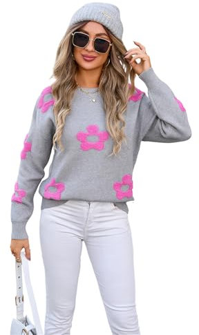HEYPORK Damen Herbst Winter Warm Bequem Pullover Casual Mode Strickjacke Strickpullover Frauen Blume Personalisierte Pullover(Grau, XL)