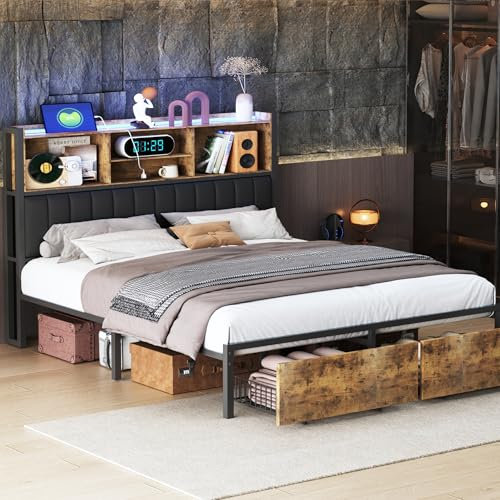 CDQL 160x200cm Bett, Doppelbett Bettrahmen Metallbett 160x200, Stauraumbett mit 2 Schubladen und Metall Lattenrost, Kopfteil mit Stauraum, Ehebett Gästebett Jugendbett, Braun