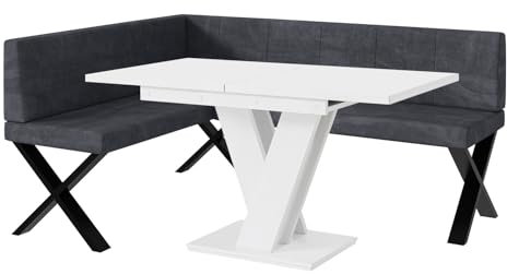 MEBLINI Eckbank für Esszimmer mit ausziehbarem Tisch - Küchenbank - Essecke - Sitzecke Küche - Peter - X-Beine 128x168x87cm Links - Dunkelgrau Samt/M Weiß Matt