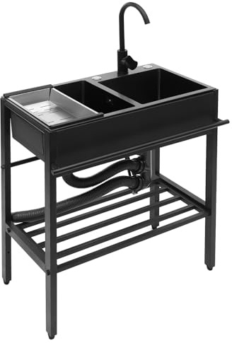 Freistehend Spuelbecken Edelstahl Schwarz, Rechteckig Waschtisch Mit 360°Drehbar Wasserhahn-Ablaufset, für Geschäft, Küche, Garage, Garten, 35.5X34CM