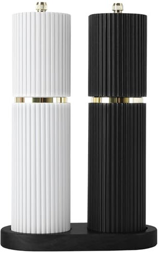 Wooden Salt and Pepper Grinder Set with Gold Accents, Refillable Salt and Pepper grinder with adjustable Coarseness, Pepper Mill Manual,Salt and Pepper Shakers With Tray-Ideal for Gifting