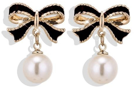 Wendalern Süße Perle Bogen Tropfen Ohrringe Schwarz Bowknot Band Ohrstecker Weiß Perle Bowtie Erklärung Ohrringe Weihnachten Partei Schmuck Für Frauen