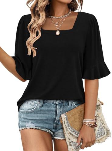 KISSMODA Womens Half Sleeve Tunic Tops Summer Square Neck Blouses Dressy Ruffle Sleeve Casual Shirts for Leggings A Black