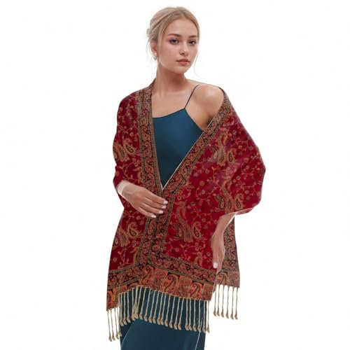 Frauen Pashmina Schals und Tücher Jacquard Schal Weich Seidig Reversible Bohemian Schal Halstuch (Rot)