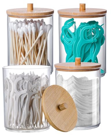 INCETUE 4PCS Cotton Pad Holder with Bamboo Lid for Bathroom Storage, Acrylic Cotton Swab Dispenser, Clear Round Cotton Wool Bud Jar for Vanity, Small Qtip Container, Makeup Organiser Set